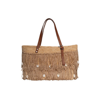 Toquilla Straw Tote with cow leather handles & viscose Cord Fringes