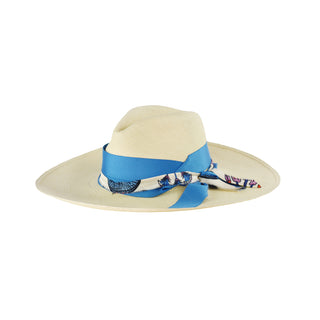 Long brim Panama Hat with Ribbon & Printed Fabric Band