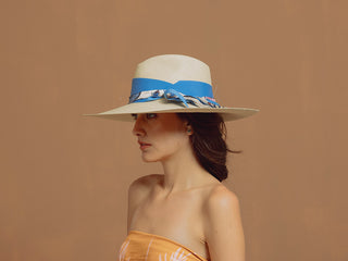 Long brim Panama Hat with Ribbon & Printed Fabric Band
