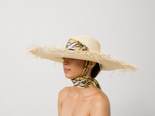 Extra Frayed Long Brim Panama Hat with Adjustable Print Band