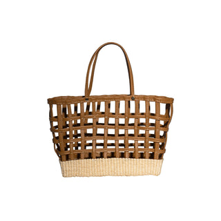 Leather Basket Tote with Natural Straw Base