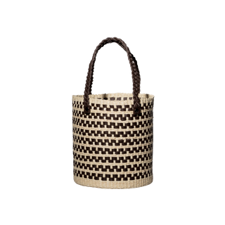 Two-Tone Straw & Leather Bucket Bag