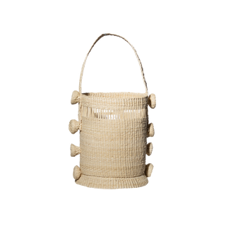 Bucket Straw Bag with Pom Details