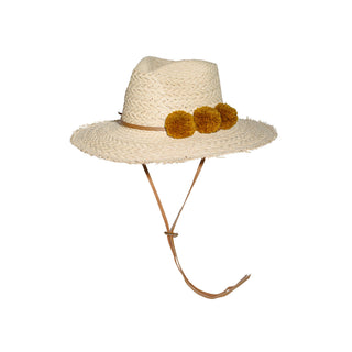 Frayed Panama Hat with Triple Pom Poms