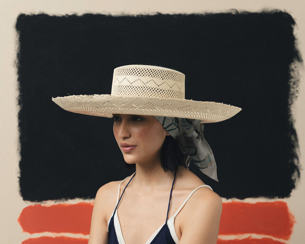 Frayed Open Weave Cordovan Hat Long Brim with Leather Braid and Handke ...