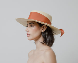 Frayed Long Brim Cordovan Hat With Maxi Bow