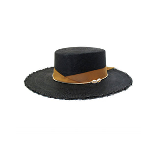 Cordovan Frayed Long Brim Hat With Straw And Seashell Detail